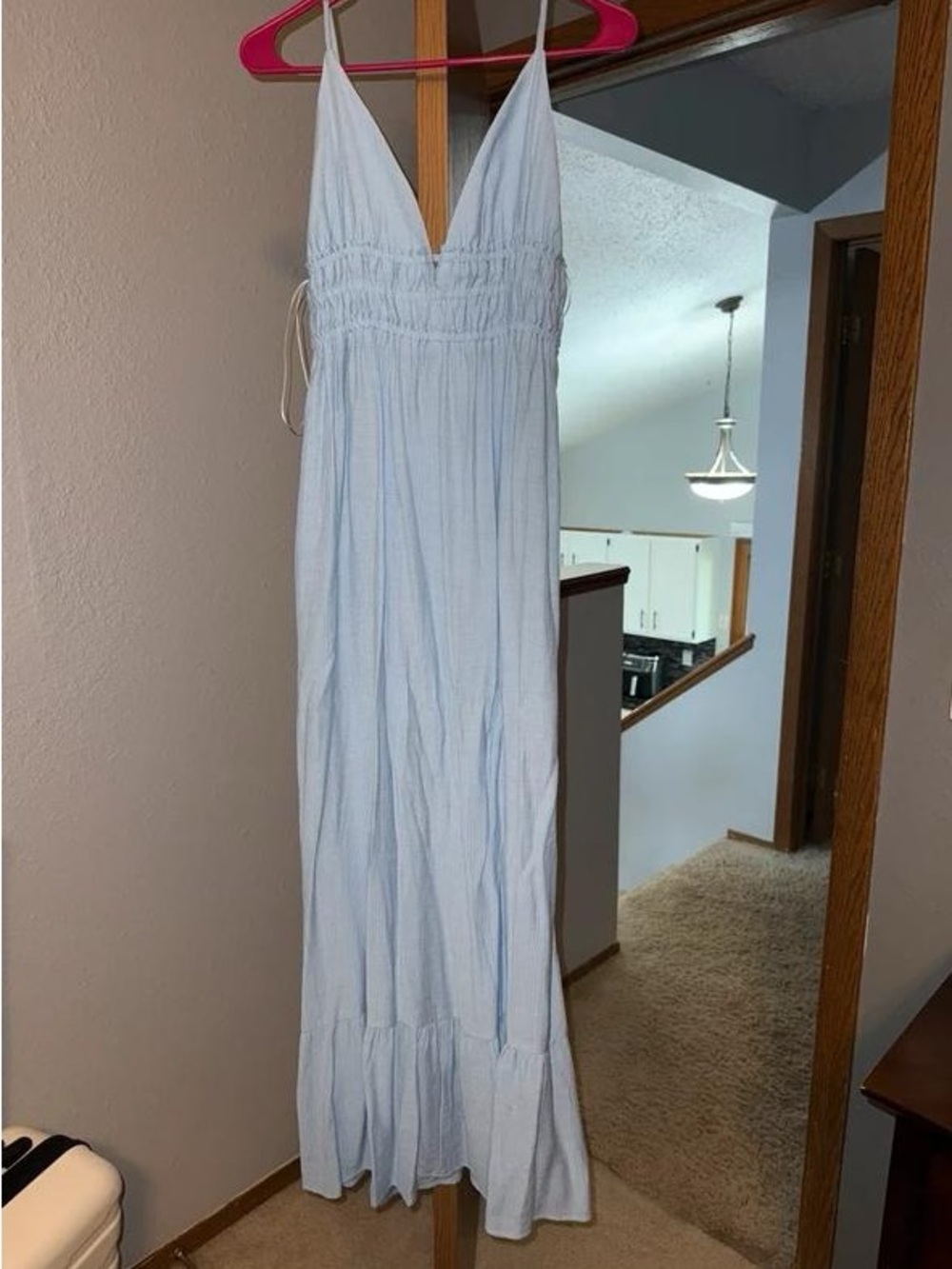 Light Blue Smocked V-Neck Maxi Dress with Spaghetti Straps - Picture 1 of 2